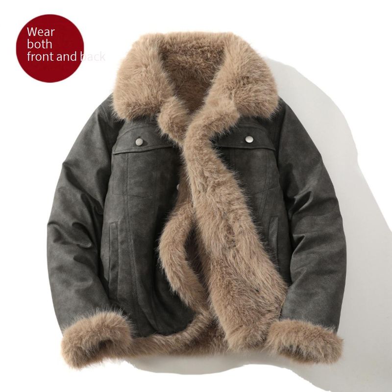 ​Reversible Faux Shearling Jacket – Oversized Winter Coat With Notched Collar (Sizes M-5XL, Coffee & Gray)​_voghion.com