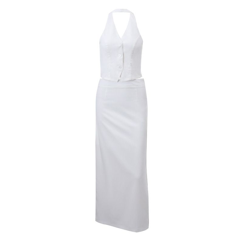 Costume deux pièces sexy pour femmes, col en v, haut à licou, taille basse, jupe fendue_voghion.com