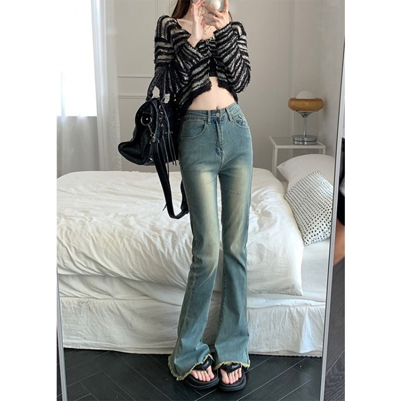 Hair edge slightl jeans for girls in spring autumn, new high waisted and slim figure, flared floor length pants,_voghion.com