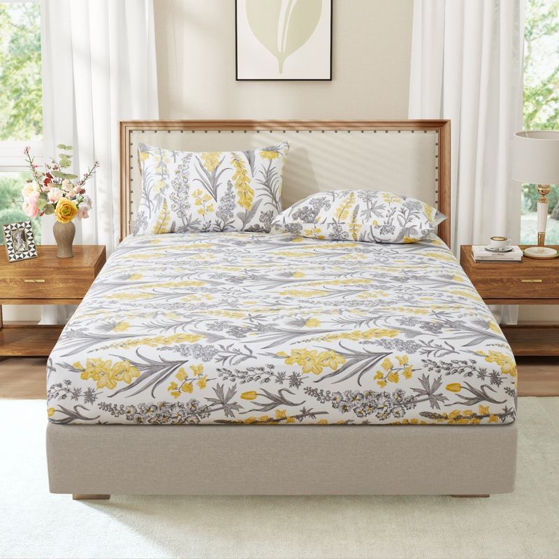 Lençol com elástico floral cinza e amarelo - Capa de cama de poliéster impressa em 3D com design botânico - Conjunto de cama respirável e estiloso_voghion.com