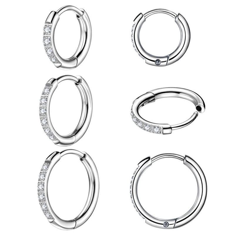 Orecchini a cerchio in acciaio al titanio, versatili, con spirale rotonda e micro zirconi intarsiati_voghion.com