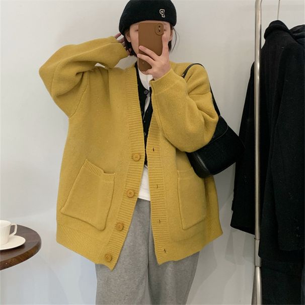 Strick-Cardigan für Damen mit großen Taschen – Übergroßer V-Ausschnitt, offene Vorderseite, lässiger Mantel aus weichem Garn, leicht und bequem, mehrere Farben_voghion.com