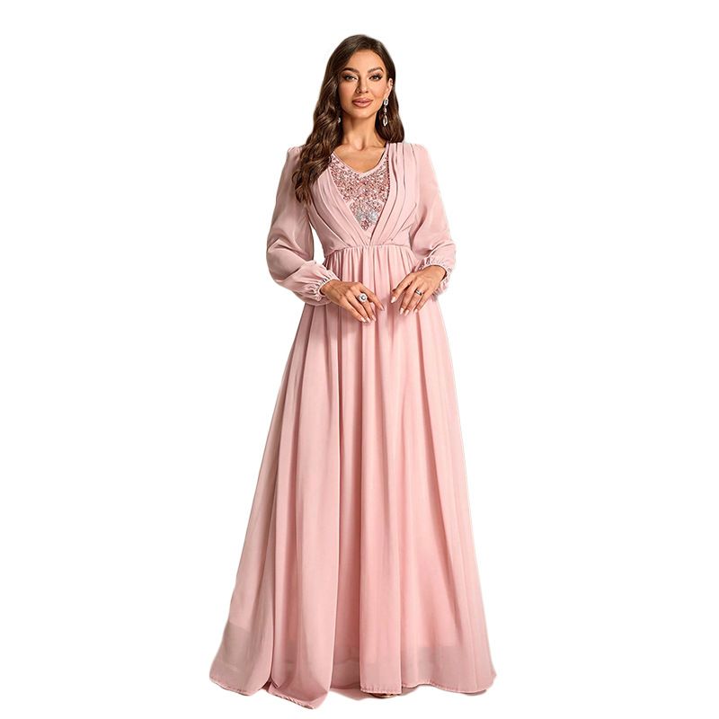 Women's Clothing Fashion Chiffon Dress Elegant Beaded Banquet Evening Dress_voghion.com