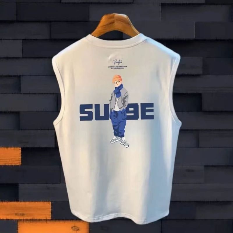 Sommer Trendy Merke Herre Ren Bomull Sports Allsidig Ermeløs Trend Ins Yttertøy Personlig Herre Crew Neck Print Vest_voghion.com
