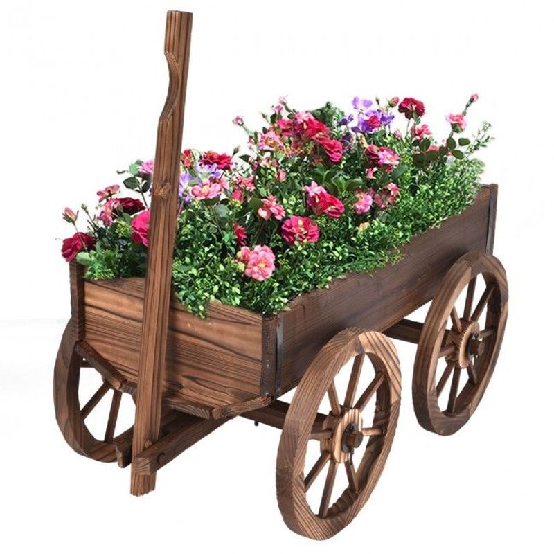 Wood Wagon Planter Pot Stand With Wheels_voghion.com
