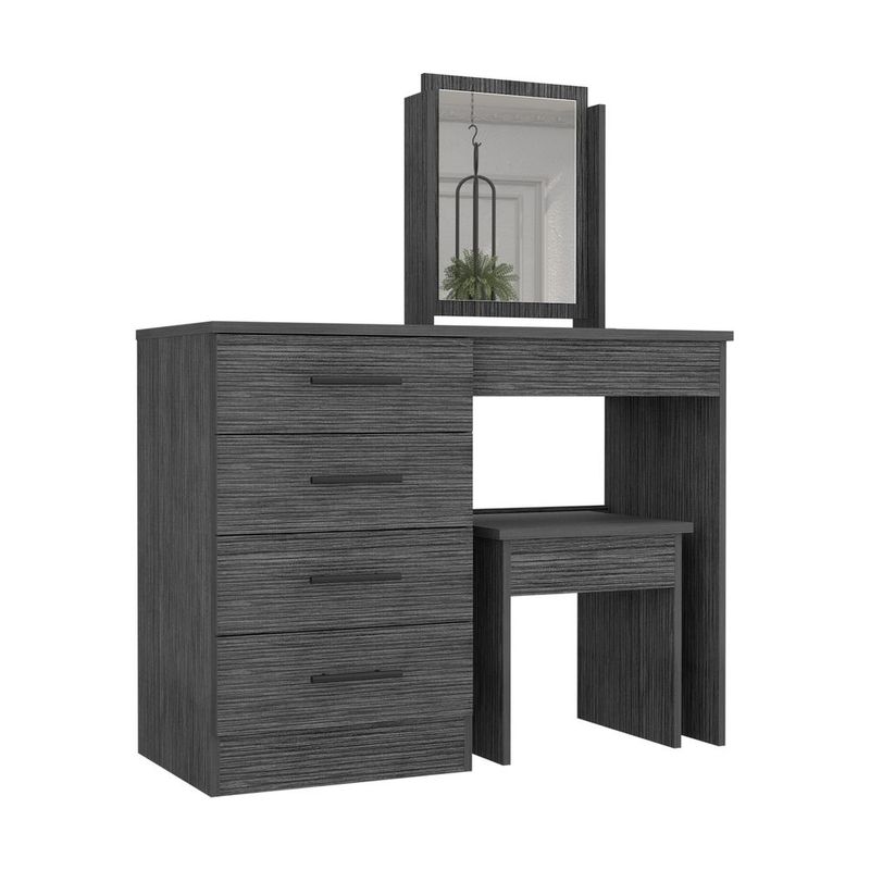 Makeup Dressing Table, Mirror, Four Drawers, Stool, Smokey Oak_voghion.com