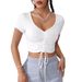 Women's Clothing V neck Simple Solid Color Drawstring Strap Short Navel Top T shirt_voghion.com