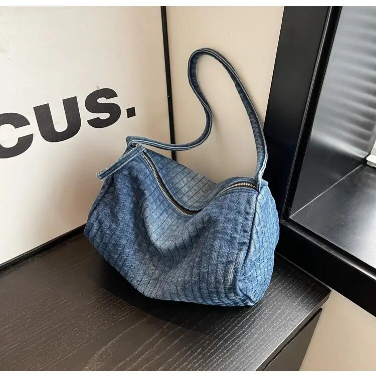 Retro-Denim für Damen 2023 Neue Mode Unterarm Hohe Kapazität Eine Schulter Einkaufstasche_voghion.com