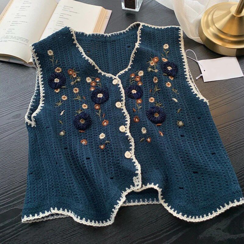 Pastoral Style Summer Autumn Women Vest Embroidery Vintage Knitted Crochet Flower Vest Female Hollow Out Jumpers Waistcoat Top_voghion.com