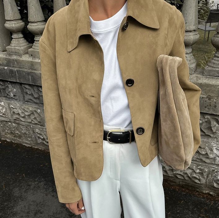 Wildleder-Blazerjacke für Damen – Weicher, dehnbarer Slim Fit-Büromantel, langärmliger Reversblazer für Damen, brauner Blazer aus wildlederähnlichem Polyester (S/M/L)_voghion.com