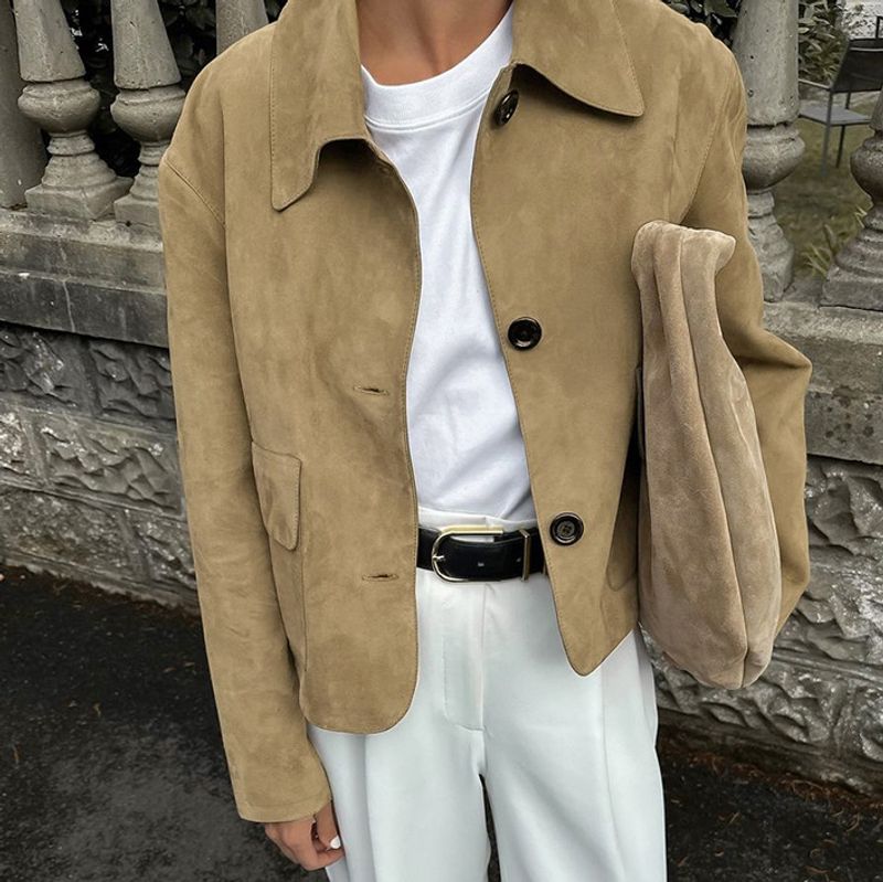 Blazer en daim pour femme – Manteau de bureau décontracté, extensible et doux, coupe slim, manches longues, revers, polyester marron effet daim (S/M/L)_voghion.com