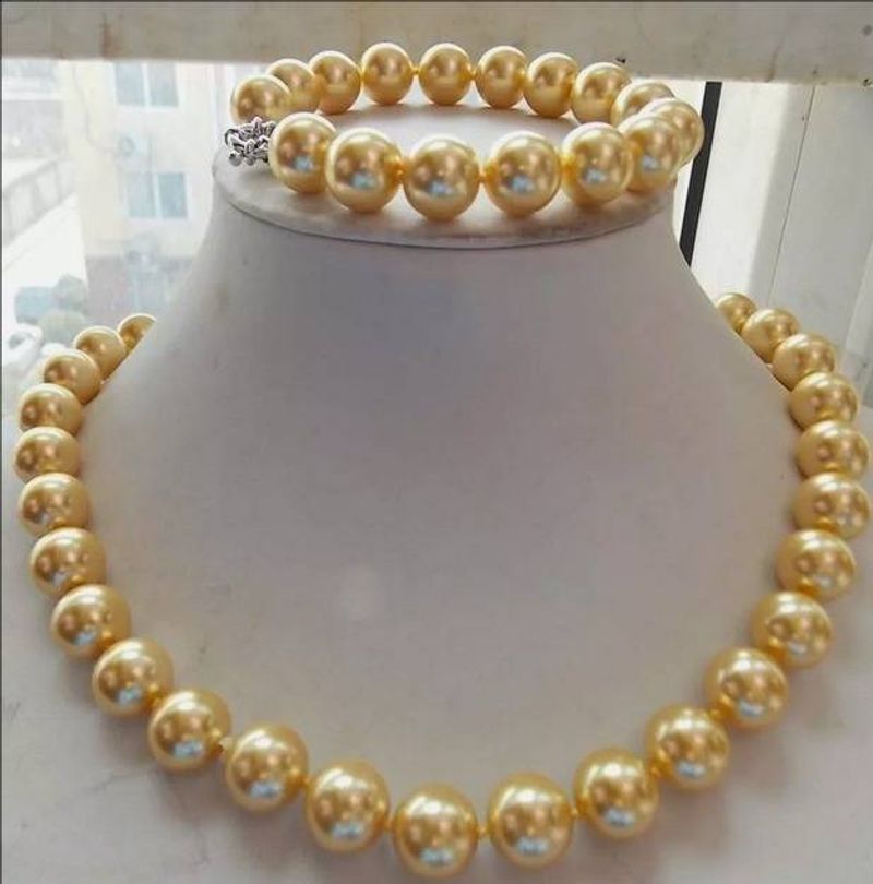 12mm Gold Südseeschuel Perl Halskette Bracelet 18''7.5''Set AAA_voghion.com