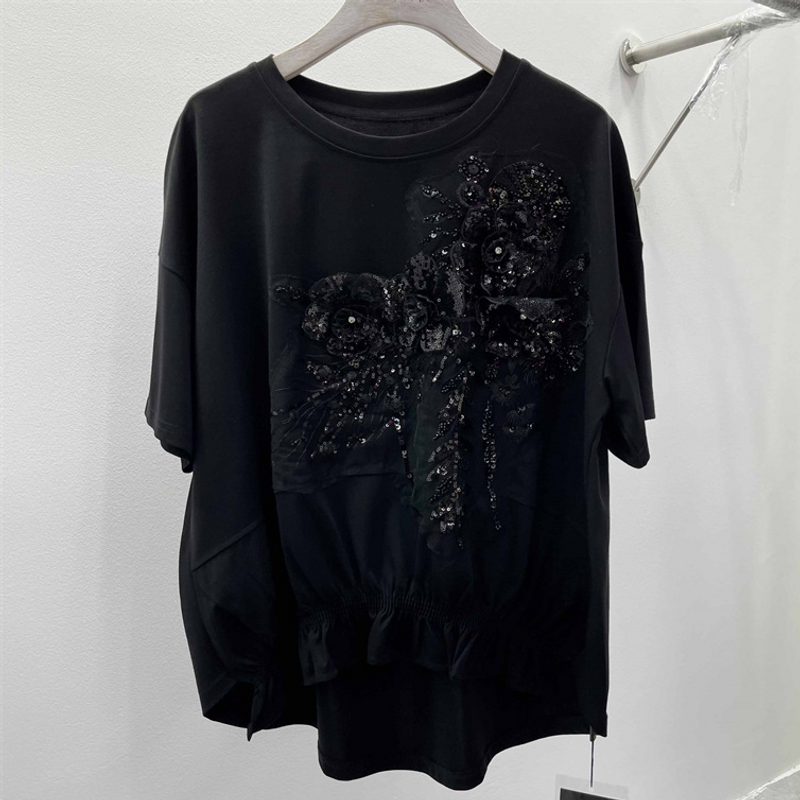 Damenbekleidung Schweres, mit Pailletten besetztes, blumenbesetztes, kurzärmliges T-Shirt für den Sommer, neues Design, Temperament-Oberteil_voghion.com