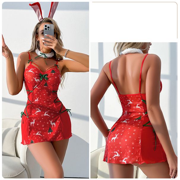 Damenbekleidung Guiruo Perspective Mesh Sexy Dessous Pure Desire Low Cut Sexy Nachthemd Weihnachtsuniform Anzug_voghion.com