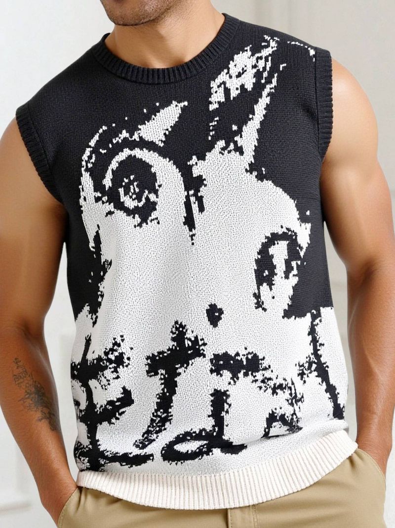 Erkek Giyim ​Çiftler İçin Unisex Kolsuz Örme Kazak Yelek - Nefes Alabilir Pamuk Karışımı, Bol Kesim, Amekaji Stili, Siyah Grafik Desen (M-XXL)​_voghion.com