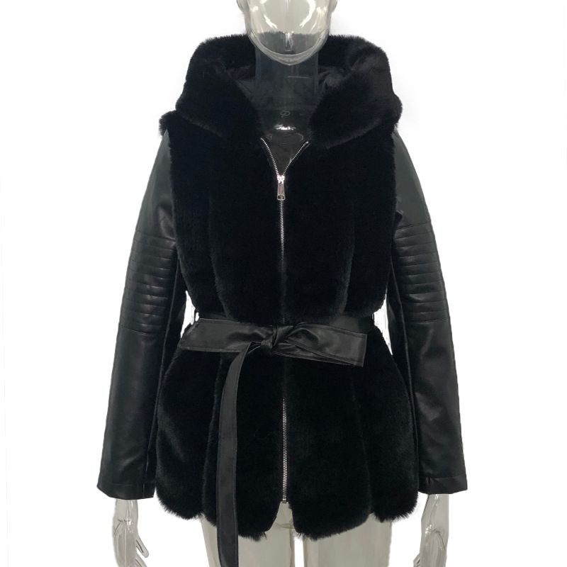 Damenbekleidung Heißer Verkauf Neue Pelzjacke Damen Gürtel Mit Kapuze Einfarbig Reißverschluss Jacke Jacke Damen_voghion.com