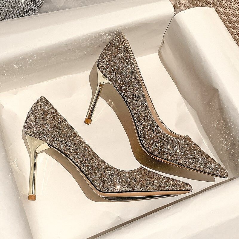 Scarpe da donna Abito da sposa Abito da sposa in due pezzi con cristalli Scarpe da fidanzamento con tacchi alti e paillettes Scarpe da donna con tacchi a spillo_voghion.com