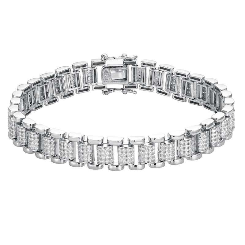 Men's & Women's Sterling Silver Geometric Link Bracelet With Moissanite/Zirconia Accents - Minimalist Luxury Watch Chain For Everyday Elegance_voghion.com