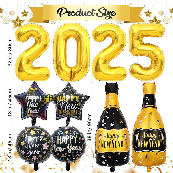Conjunto de globos digitales 2025 Decoración con globos de Feliz Año Nuevo con borde cruzado Combinación de globos de película de aluminio negro y dorado_voghion.com