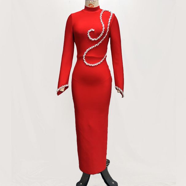 Elegante abito con fasciatura a catena di strass per donna, abito da sera sexy aderente, abito formale in poliestere elasticizzato per feste, club, serate fuori_voghion.com