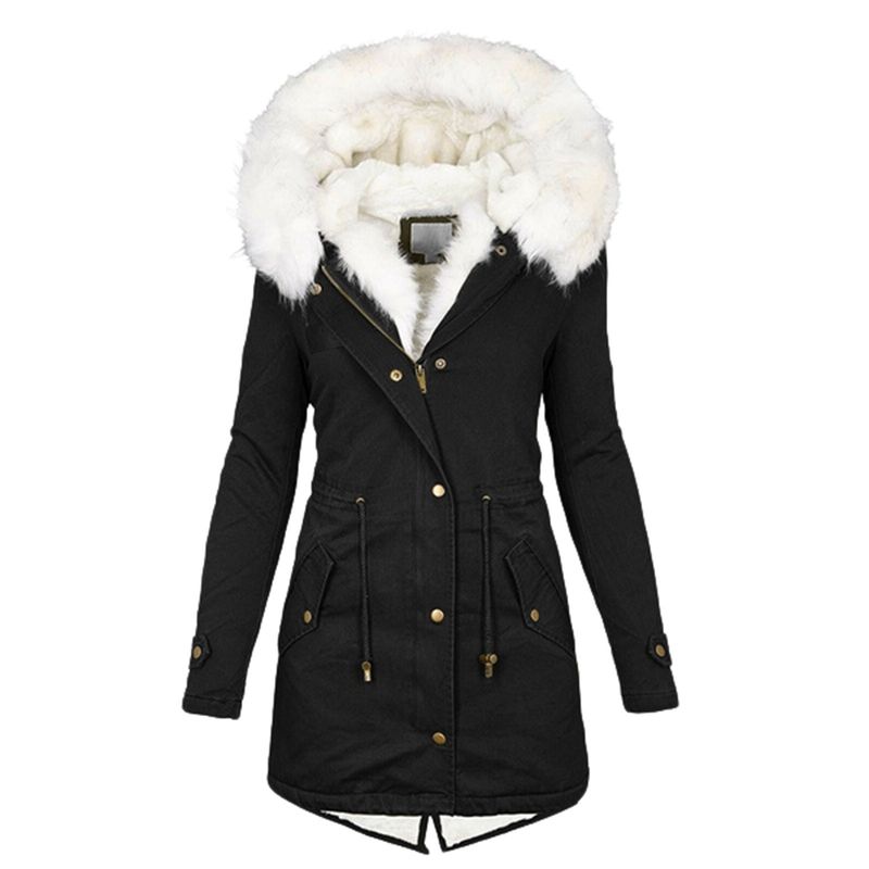 Women's Clothing autumn and winter mid length windbreaker white fur collar hooded warm plus velvet women's cotton coat_voghion.com