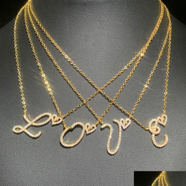 Κολιέ με κρεμαστά γράμματα, νέα αρχικά με καλλιγραφικά γράμματα και καρδιά, παγωμένο κολιέ, κοσμήματα μόδας με χρυσά γράμματα, πλακόστρωτα με κρύσταλλα, Collier Drop_voghion.com