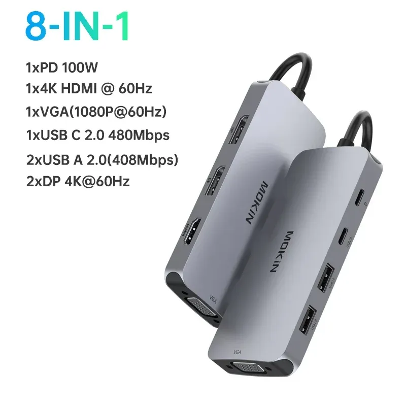MOkiN 8 in 1 Docking Station Hub DP HDMI VGA USB C 2.0 Adattatore multi monitor Porta di ricarica PD per laptop HP_voghion.com