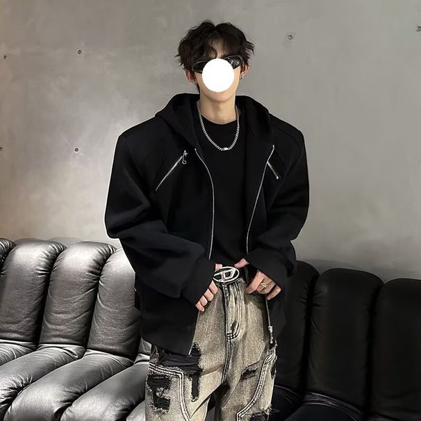 Niche Metal Zipper Deconstruction Hooded Sweater Men's Autumn And Winter Ruffian Handsome High-end Shoulder Padded Jacket Jacket Tide_voghion.com