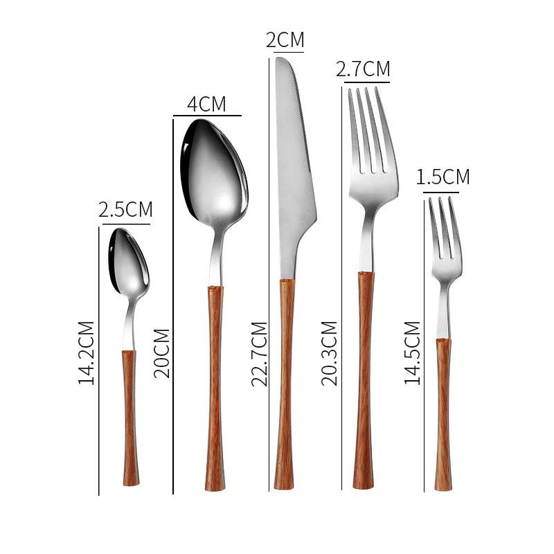 High end small waist stainless steel tableware set, steak knife, fork, spoon, dessert spoon, Western style wooden handle, hotel gift_voghion.com