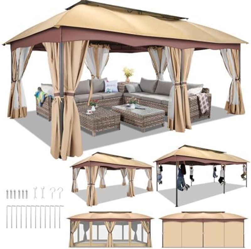 Gazebo 12x20, Outdoor Gazebo On Clearance With Double Ventilated Arc Roof, Privacy Curtains & Mosquito Netting, Easy Set Up Canopy Tent_voghion.com