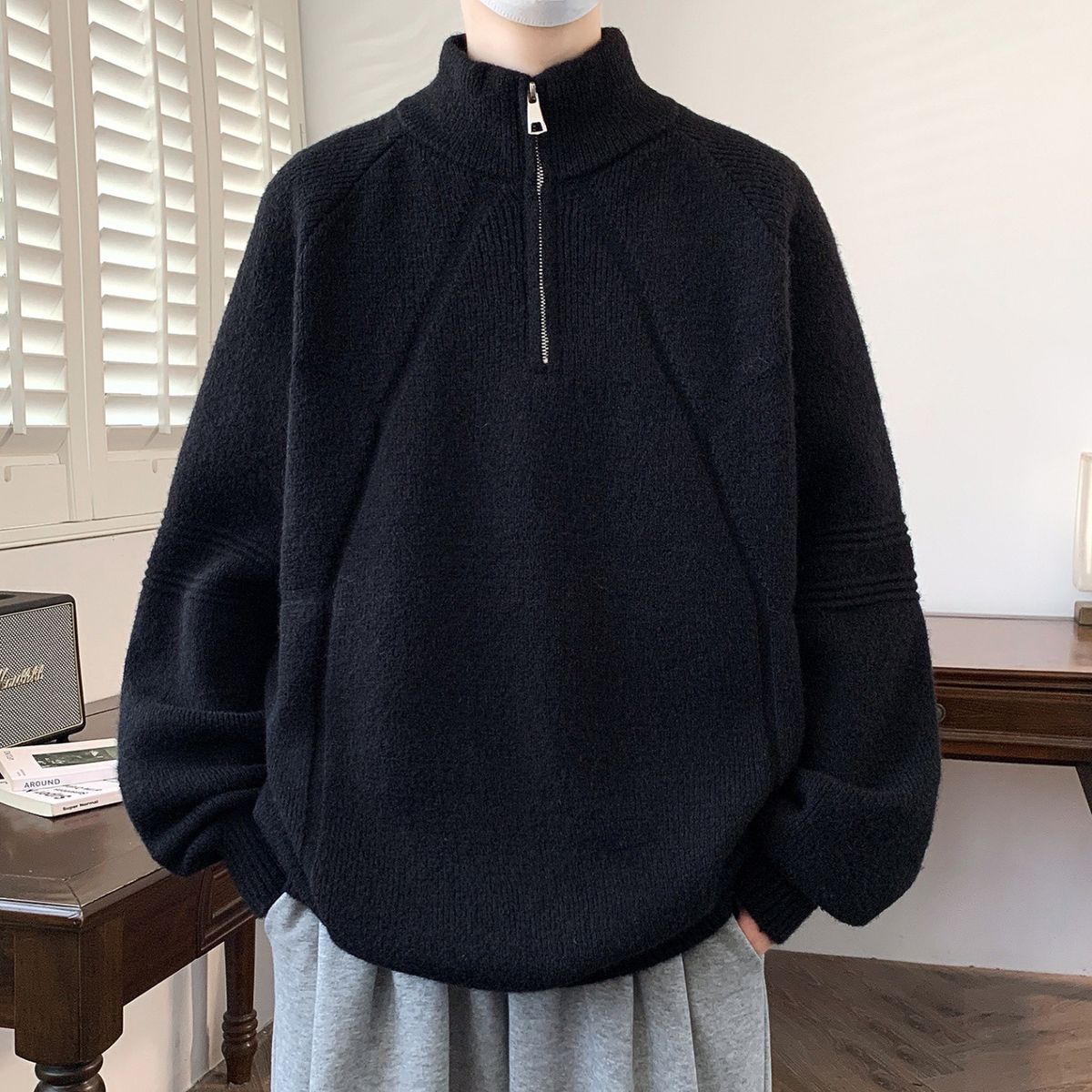 Men's Half-Turtleneck Zip-Up Sweater, Winter Knit Pullover With Stylish Design, Soft Comfortable Loose Fit Casual Wear Pure Color Stretchable Fabric_voghion.com