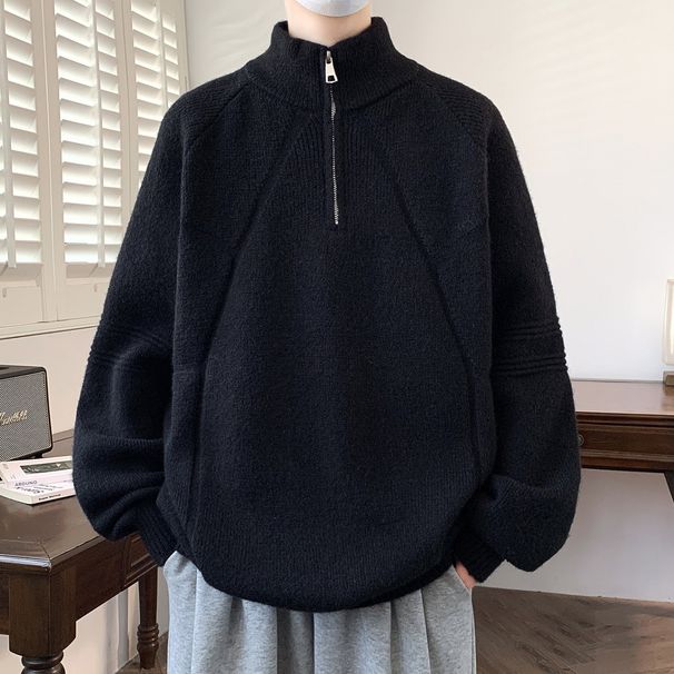 Men's Half-Turtleneck Zip-Up Sweater, Winter Knit Pullover With Stylish Design, Soft Comfortable Loose Fit Casual Wear Pure Color Stretchable Fabric_voghion.com