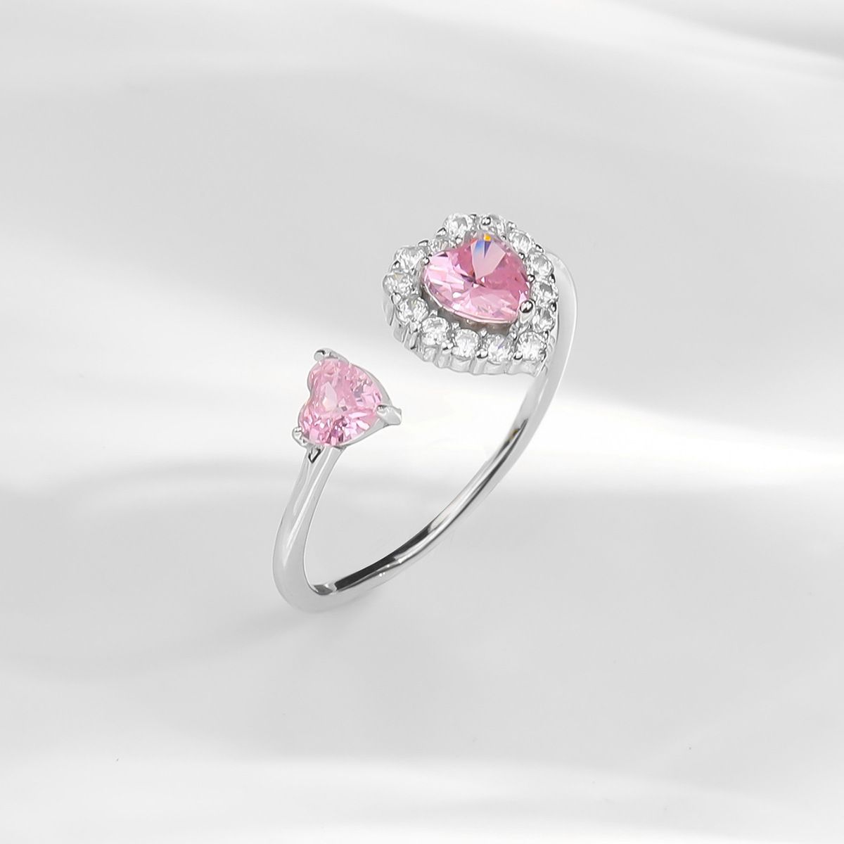 Anello in argento S925 da donna, semplice, rosa, con cuore, dolce, regolabile, anello aperto, zircone, gioielli_voghion.com