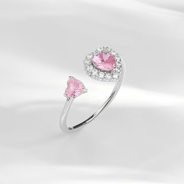 Anello in argento S925 da donna, semplice, rosa, con cuore, dolce, regolabile, anello aperto, zircone, gioielli_voghion.com