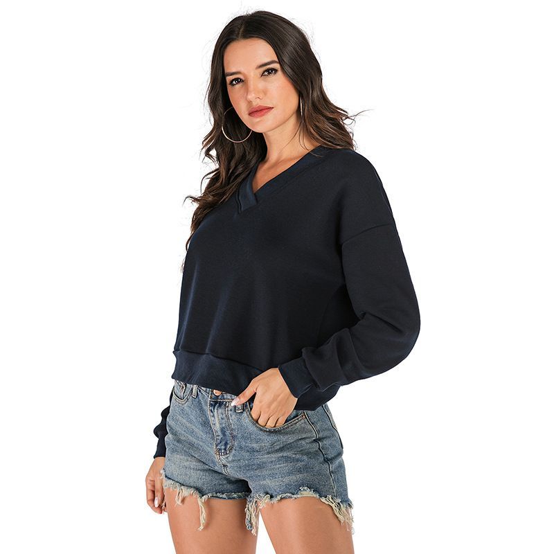 Europese en Amerikaanse effen lange mouwen V-hals losse veet sweatshirt voor dames_voghion.com