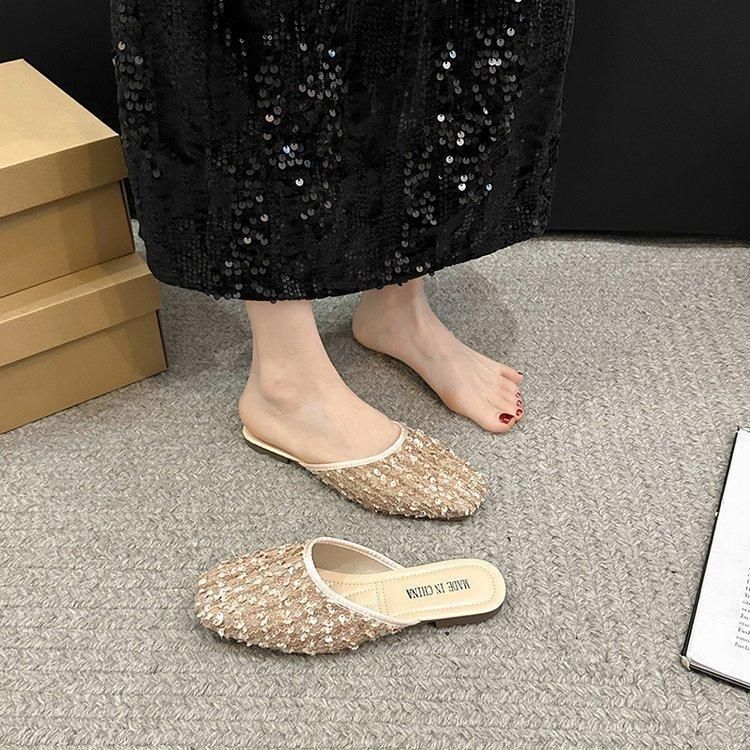 Baotou Half Slippers 2025 New Summer Shining High End Charm Fairy Casual Women's Flat Bottom Cool Drag_voghion.com