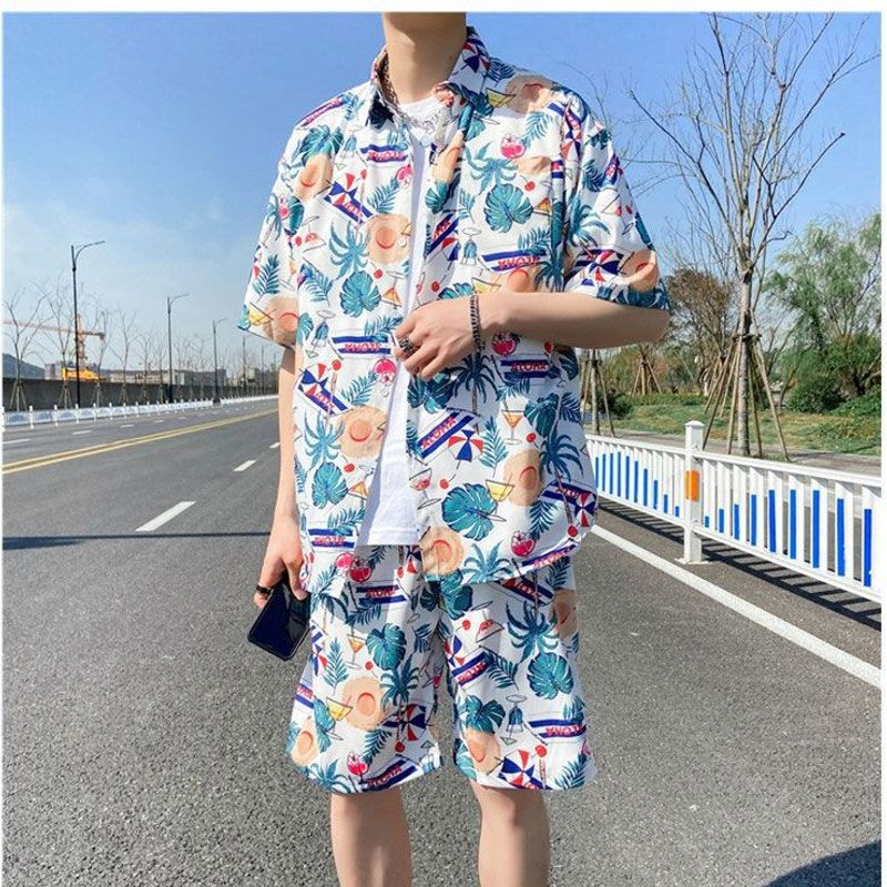 Neuer lässiger Strandanzug für Männer im Sommer, dünne, lockere und coole Strandkleidung, Hawaii-Shorts und Blumenhemd, zweiteilig_voghion.com