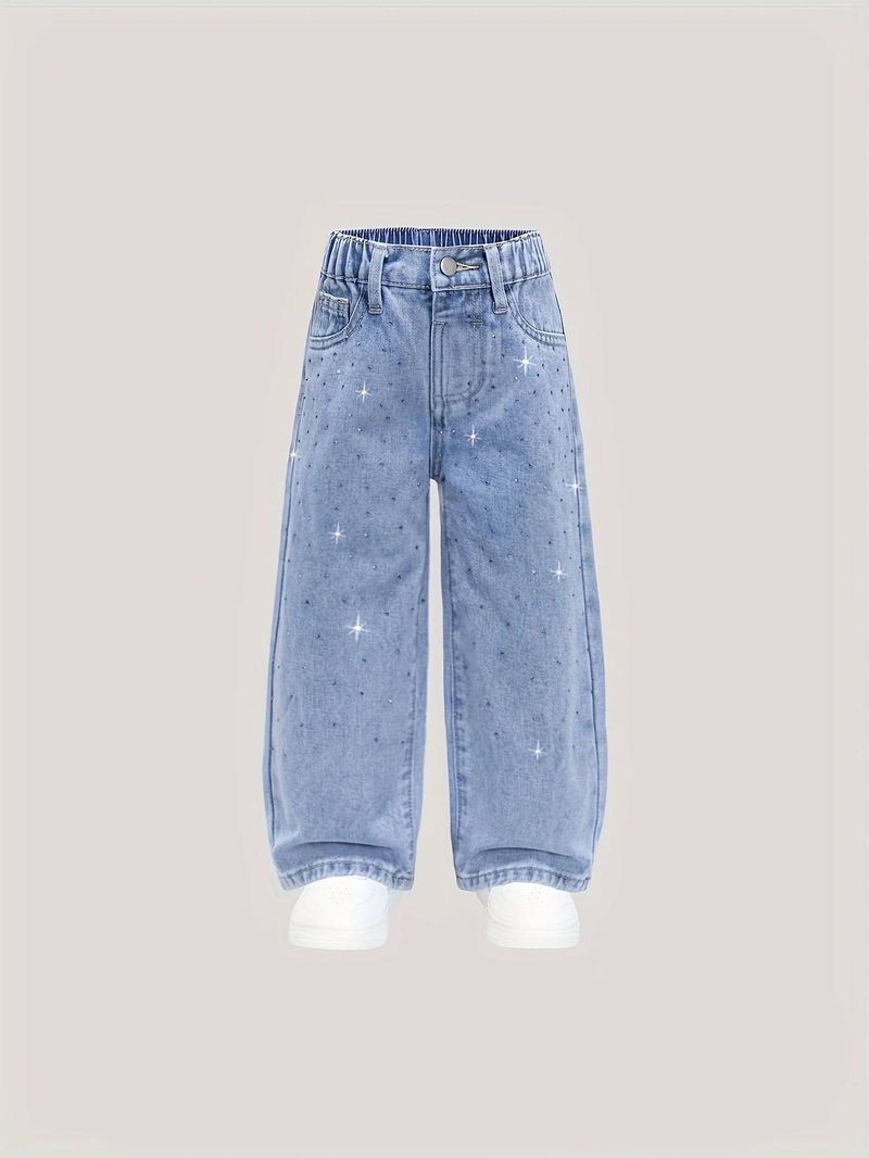 Girls Light Blue Hot Diamond Fashionable Casual Versatile College Style Loose And Comfortable Washed Denim Pants_voghion.com