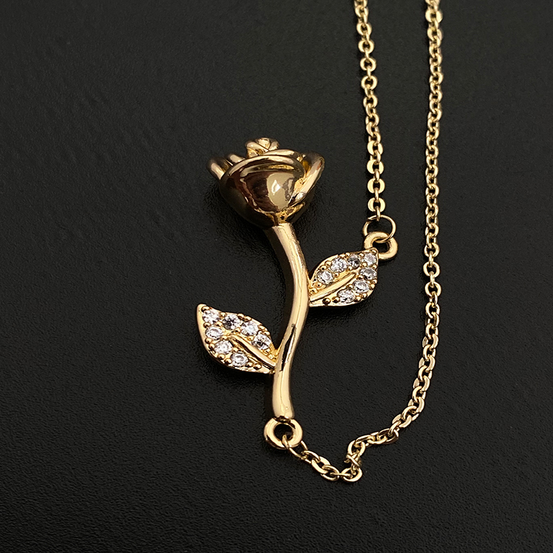 Enchanting Rose Pendant Necklaces With Sparkling Diamond - Studded Leaves, Available In Gold And Silver For Timeless Elegance_voghion.com