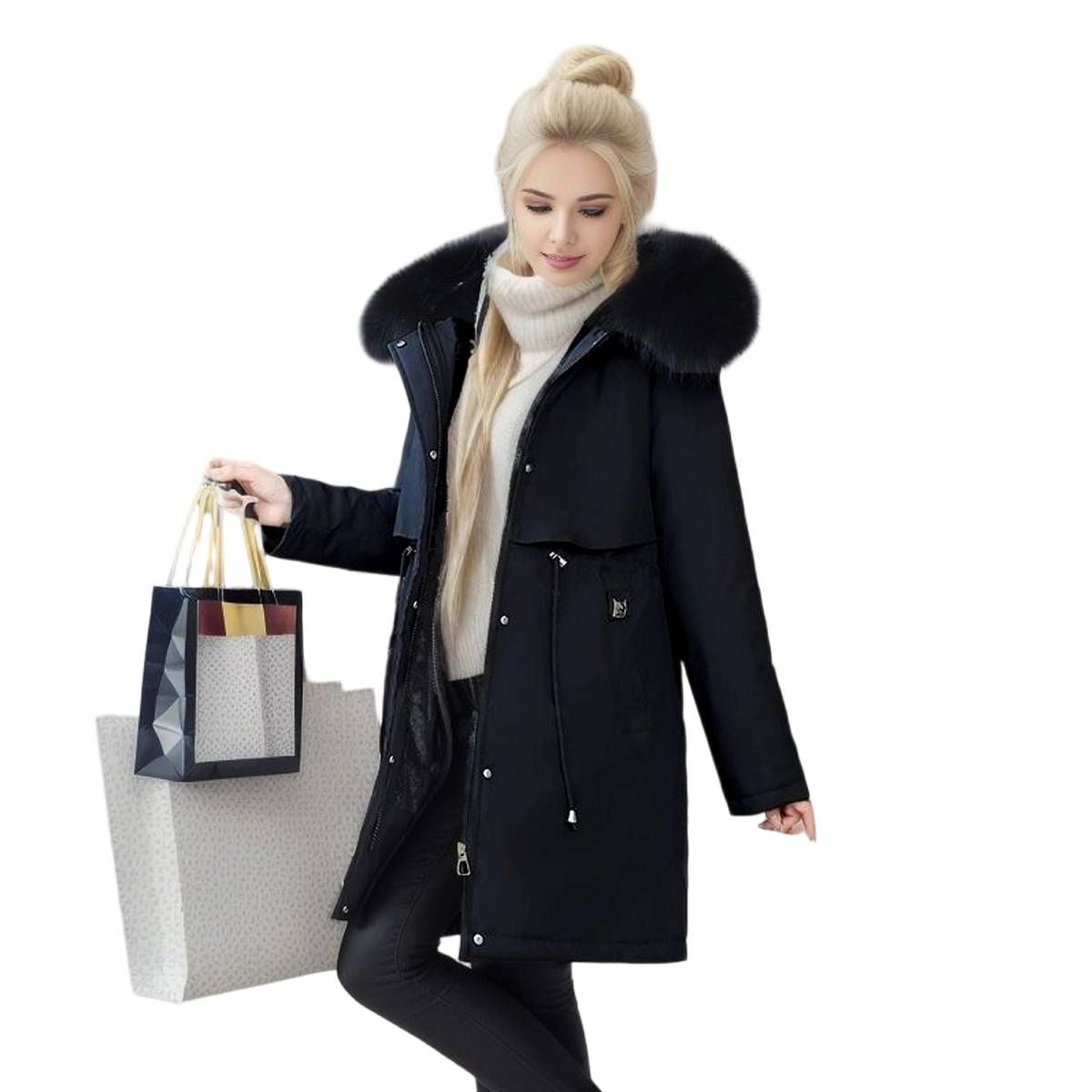 Naiste paksendatud vöökohaga keskmise pikkusega puuvillane jakk, soe avar puuvillane jope_voghion.com