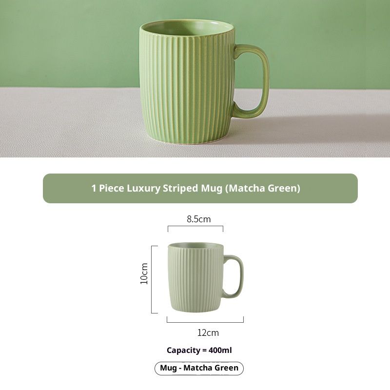 Handcrafted Glazed Ceramic Mug With Vertical Lines - 400ml Elegant Coffee Cup For Home & Office, Comes With Lid_voghion.com