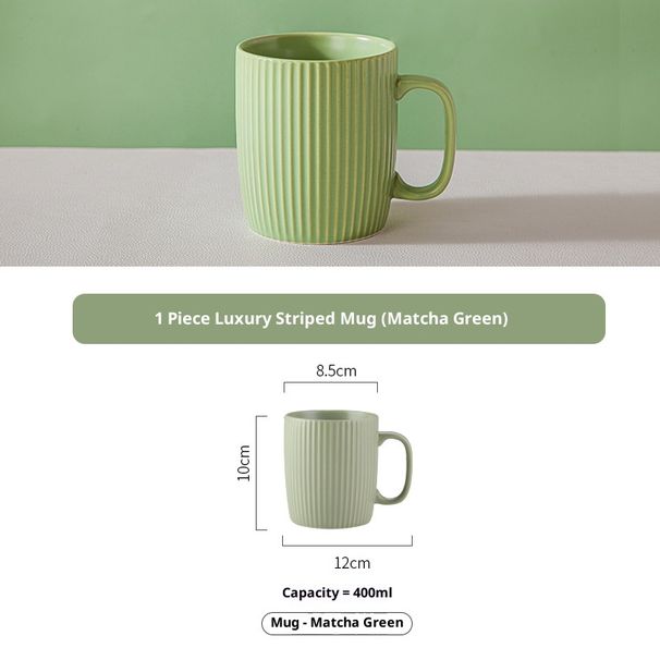 Handcrafted Glazed Ceramic Mug With Vertical Lines - 400ml Elegant Coffee Cup For Home & Office, Comes With Lid_voghion.com
