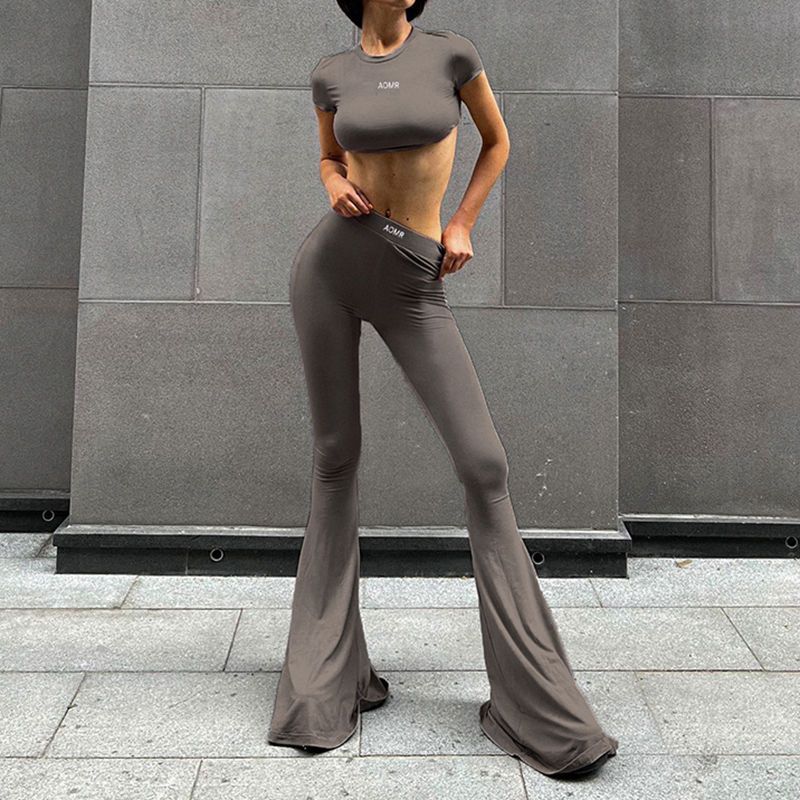 Rapcopter Jednobarevný letter s výšivkou Neformální sportovní oblek Dámský vysoký pas Bell Bottom Kalhoty Slim Fit Spicy Girl_voghion.com