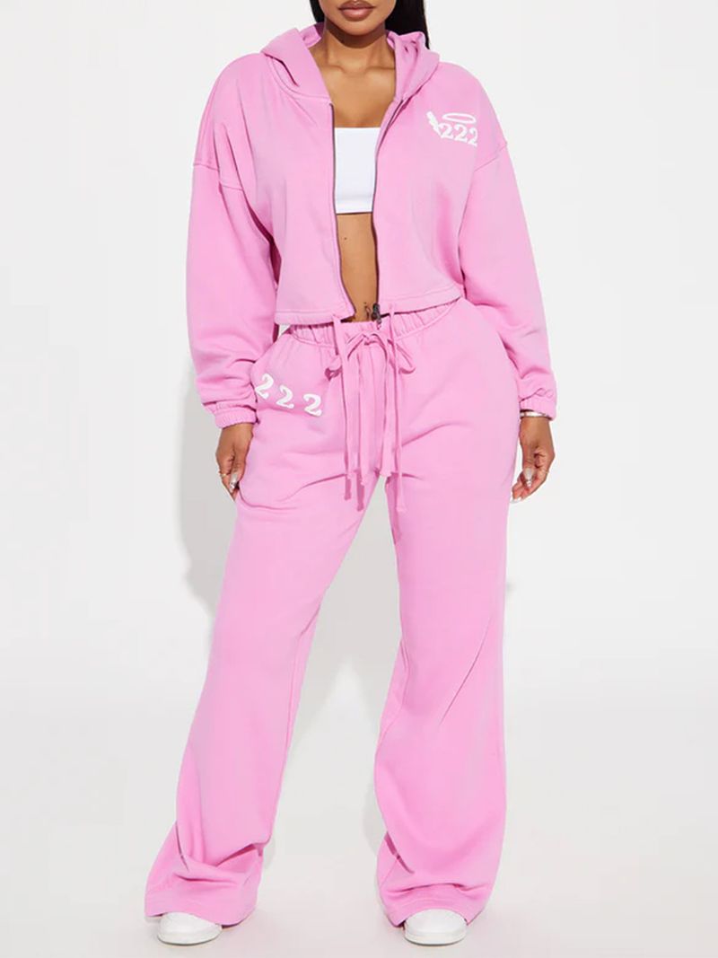 Women's Zip-Up Hoodie & Drawstring Joggers Set – Letter Print, Oversized Fit, Comfortable Loungewear (S-XXL, Pink, Casual Outfit)_voghion.com