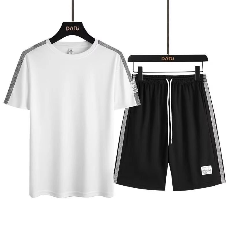 Completo estivo da uomo, maglietta a maniche corte, completo da uomo, scollo rotondo largo, mezza manica, con pantaloncini, casual, sportivo, due pezzi_voghion.com