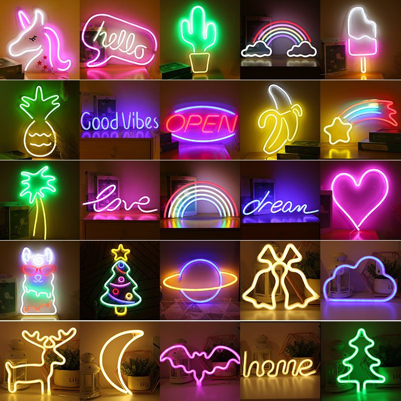 LED Neon Moon Heart Rainbow Star Creative Night Light For Bedroom Decor, Battery & USB Powered, Multiple Shapes (Lightning, Love, Unicorn)_voghion.com