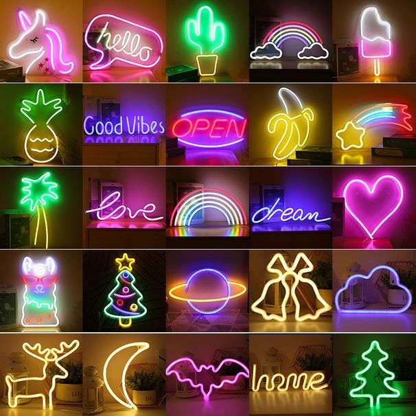 LED Neon Moon Heart Rainbow Star Creative Night Light For Bedroom Decor, Battery & USB Powered, Multiple Shapes (Lightning, Love, Unicorn)_voghion.com