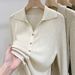 Women's Turn-Down Collar Knitted Long Sleeve Top - Soft Loose Fit Casual Blouse For Autumn & Spring_voghion.com