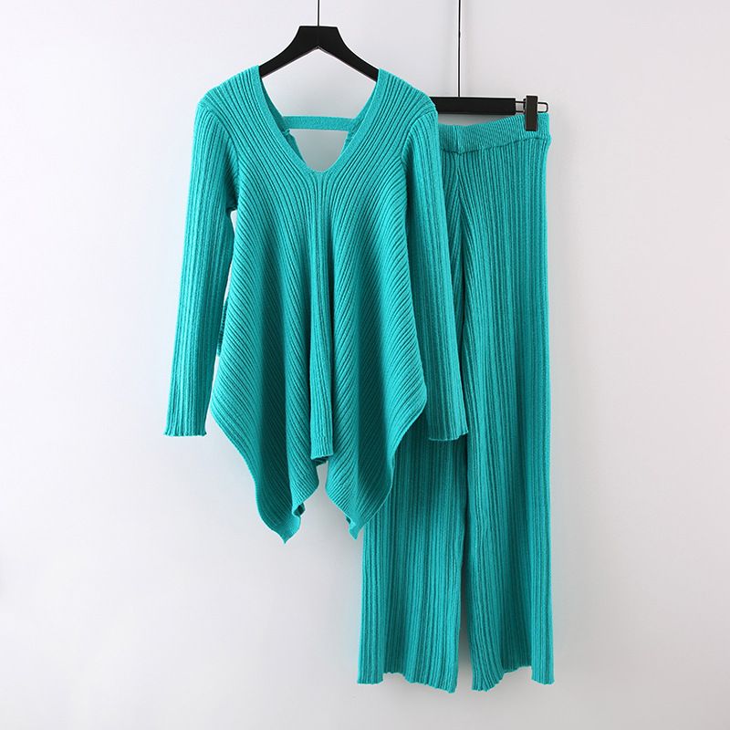Women's Clothing autumn fashion western style pleated knitted irregular v neck top wide leg pants sweater two piece suit women's trend_voghion.com