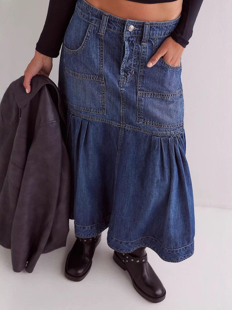 Damenbekleidung Street Retro Damen Hohe Taille A-Linie Lässiger Jeansrock_voghion.com